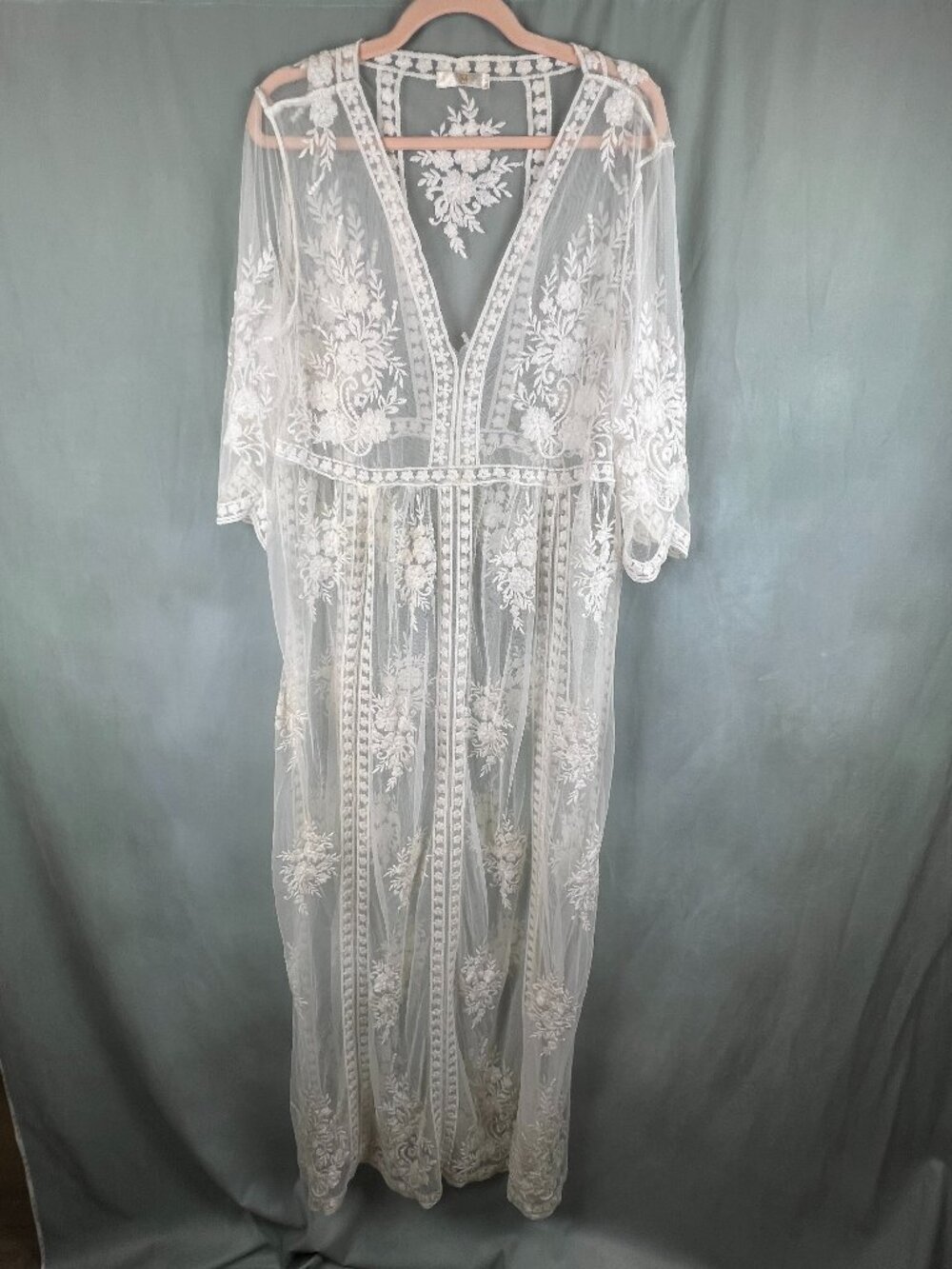 La Moda of Miami Long White Embroidery Lace Beach Coverup One Size Boho Fairy